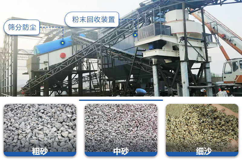 小型制砂生产线现场，有多种出料规格